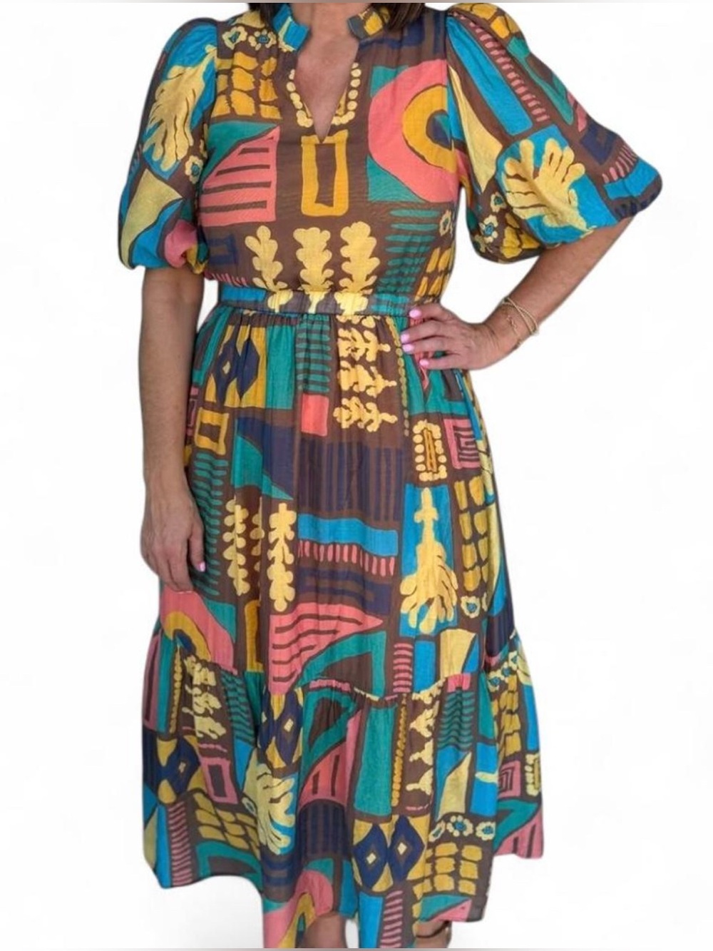 THML Multicolor Geometric Maxi Dress in Teal, Yellow, Coral, Brown